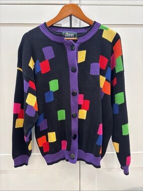 Vintage Black Multicolor Geometric Button-Up Sweater